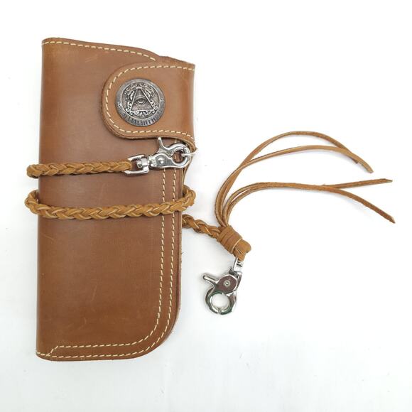 Leather Biker Wallet Brown Handmade Chain Zip Bifold Cowboy Moto Gift EUC - Picture 2 of 7